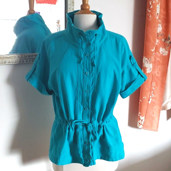 Chico's 100% Cotton Turquoise Drawstring Short Sleeve Top Size Large - Picture 8 of 13